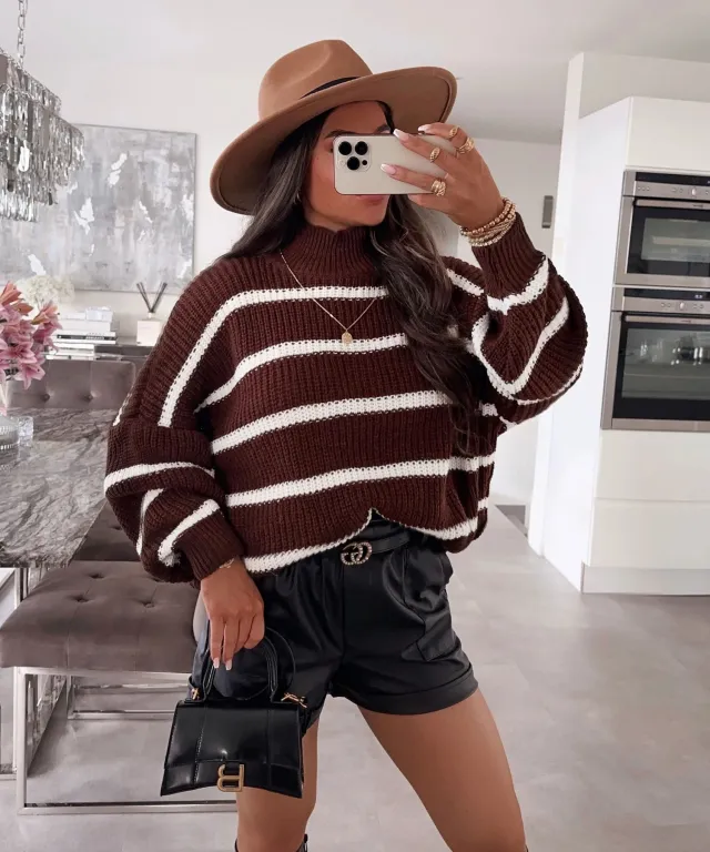 Loose Striped Mock neck Contrast Color Knitwear Pullover Sweater Brown - Shop at LoveMi