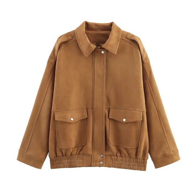 Fashionable Casual Suede Textured Pocket Decoration Spring And Autumn Jacket Jacket Khaki - Shop at LoveMi