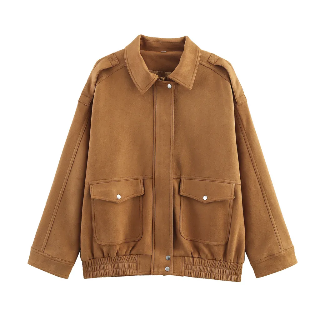 Fashionable Casual Suede Textured Pocket Decoration Spring And Autumn Jacket Jacket - Khaki