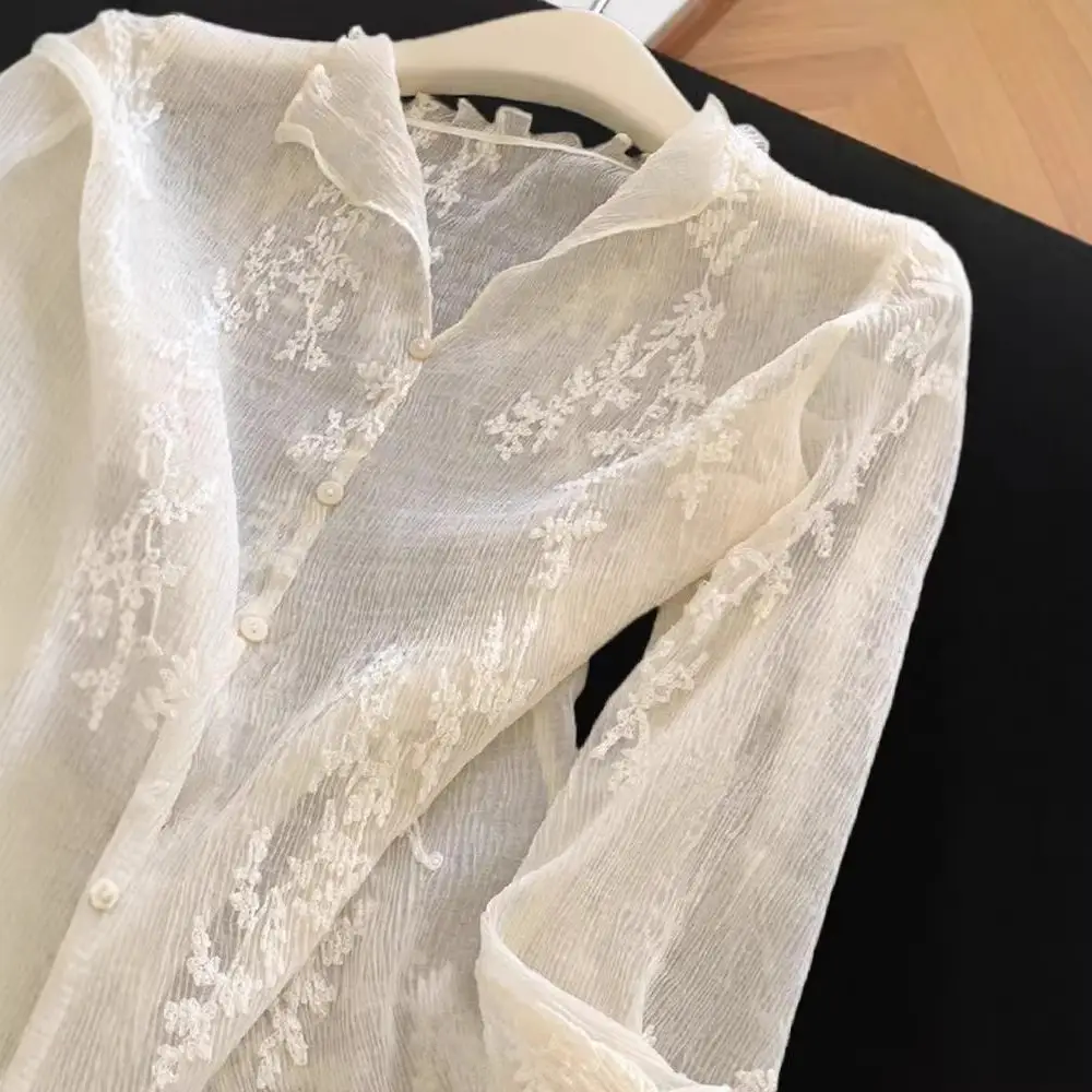 Embroidered Lace V-Neck Long-Sleeve Cardigan French-Style Lightweight Top