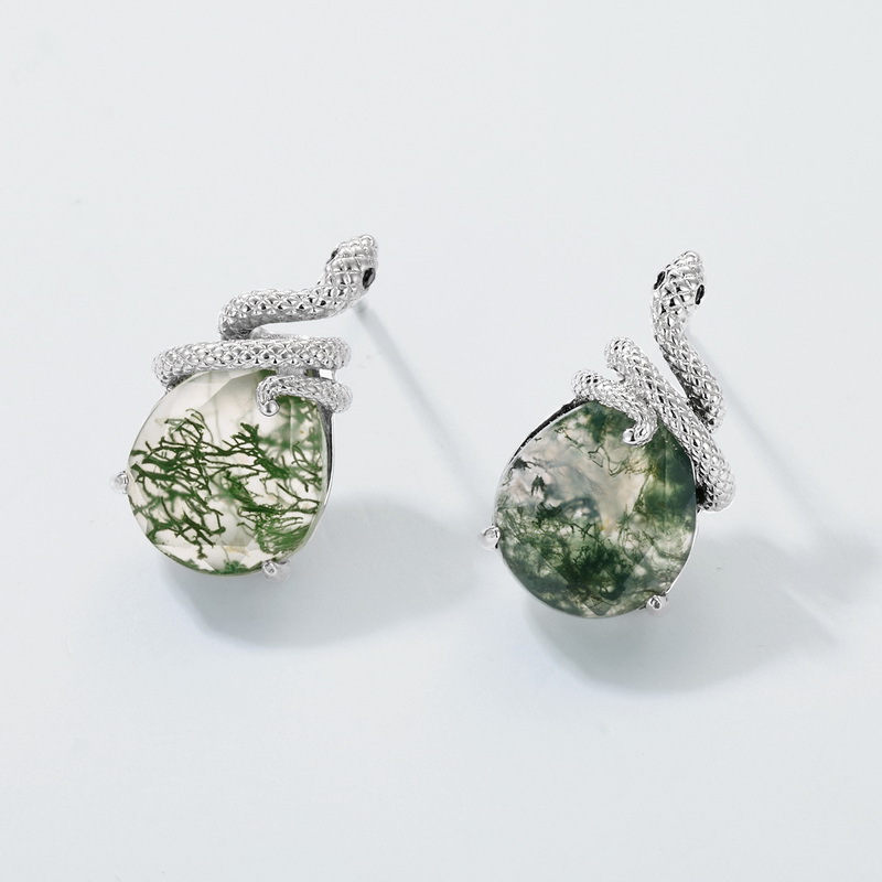 Stylish Serpent Shaped Stud Earrings With Natural Green Moss Agate