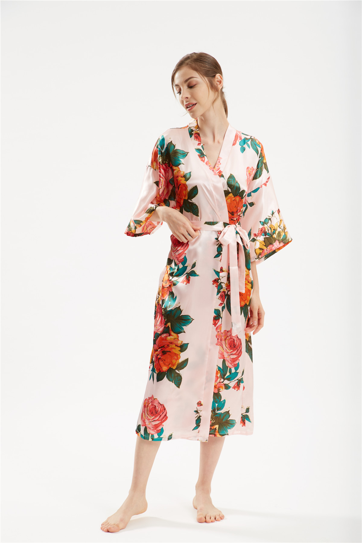 Title 8, Satin Hand Painted Peony Long Kimono Yukata