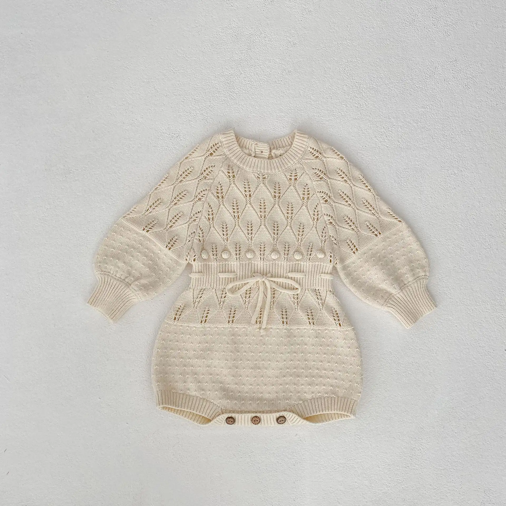Baby Waist Hollow Knitted Long Sleeve Jumpsuit