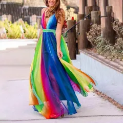 Spring And Summer New Sexy Suspenders Deep V Rainbow Mesh Camisole Dress - Rainbow - View 1