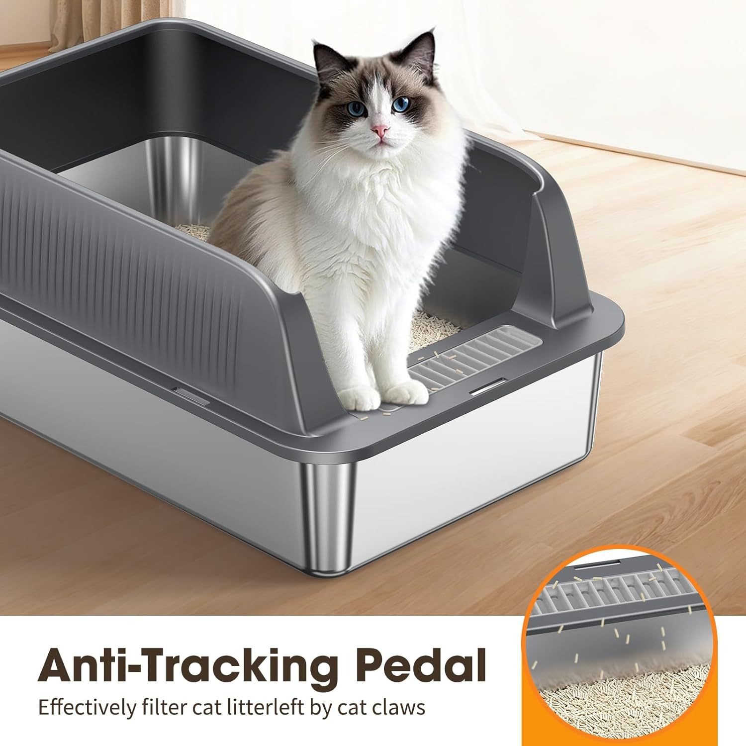 Stainless Steel Cat Litter Box Open-Top High Sides Large Size