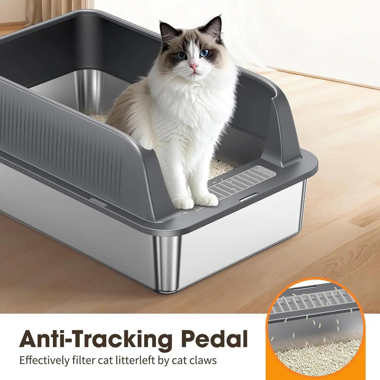 Stainless Steel Cat Litter Box Open-Top High Sides Large Size