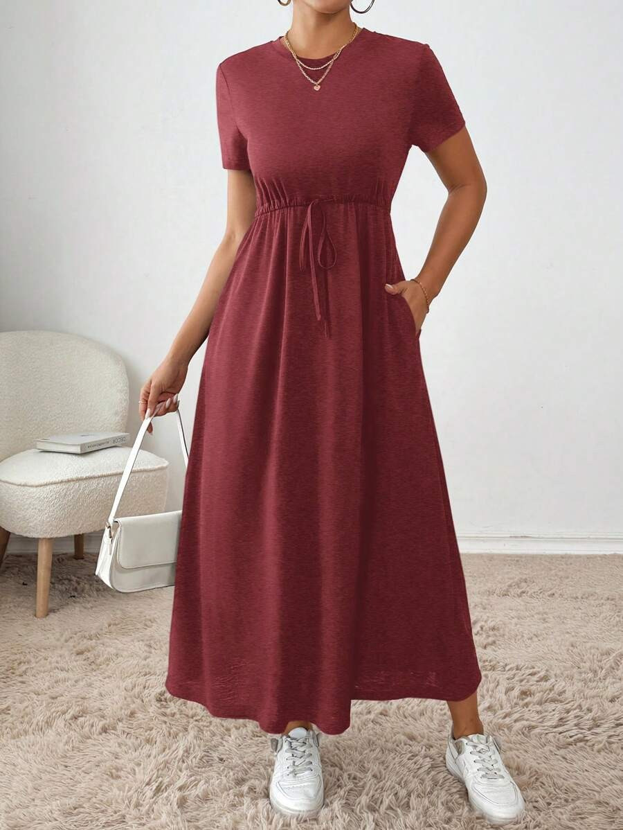 Women's Solid Colored Short Sleeve Drawstring Dress With Side Pockets Wine Red - Shop at LoveMi
