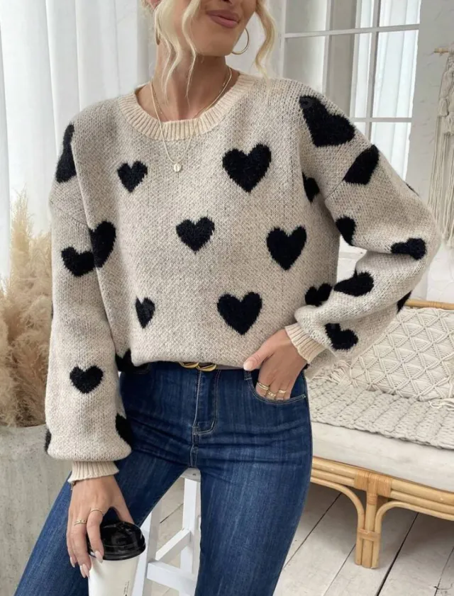 Round Neck Pullover All matching Love Contrast Color Loose Casual Knitted Long Sleeve Khaki - Shop at LoveMi