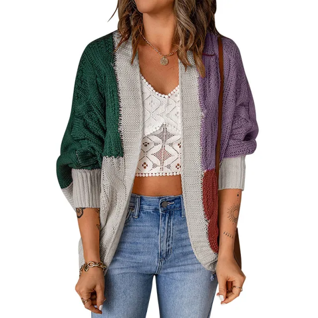 Color Stitching Knitted Cardigan Sweater Outside Dark Green - Shop at LoveMi