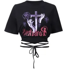 Rose Print Black Short-sleeved T-shirt Lace Up Short Top - Rose - View 1