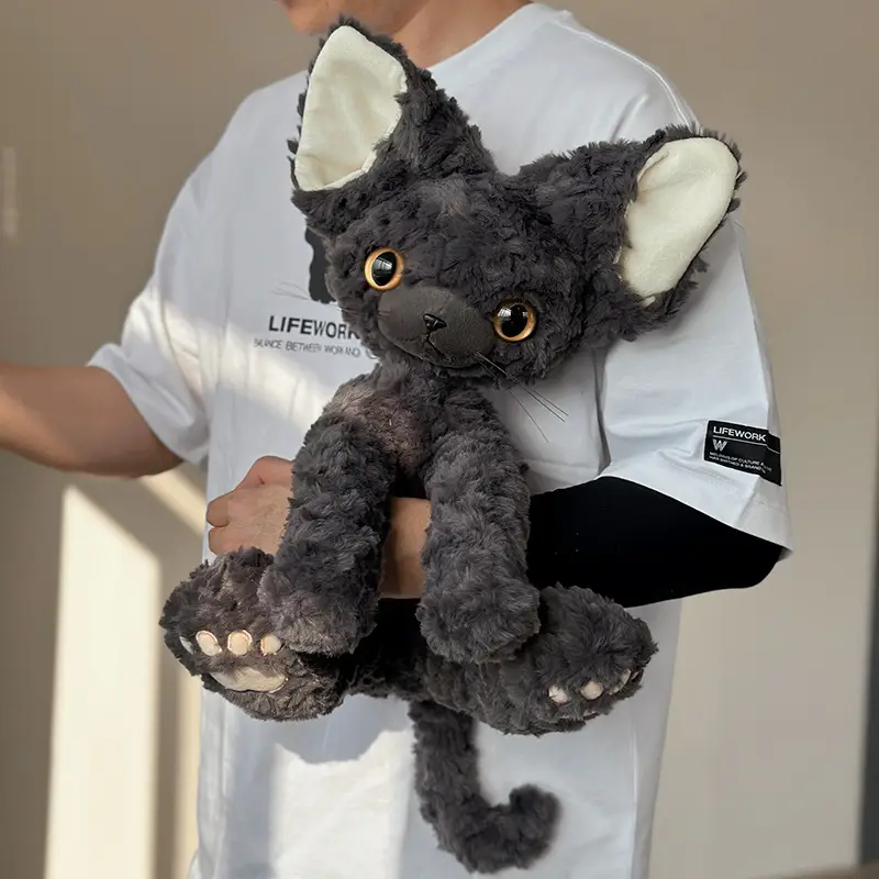 Black Devon Rex Cat Stuffed Plush Toy