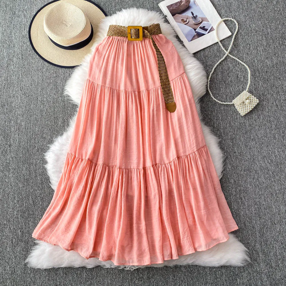 Mid-length Casual High Waist Slimming Large Hem Puffy Cake Dress - Pink