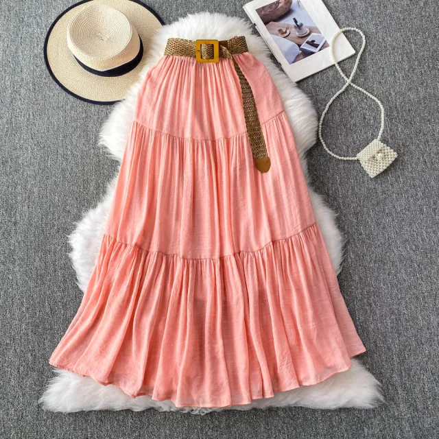 Mid length Casual High Waist Slimming Large Hem Puffy Cake Dress Pink - Shop at LoveMi
