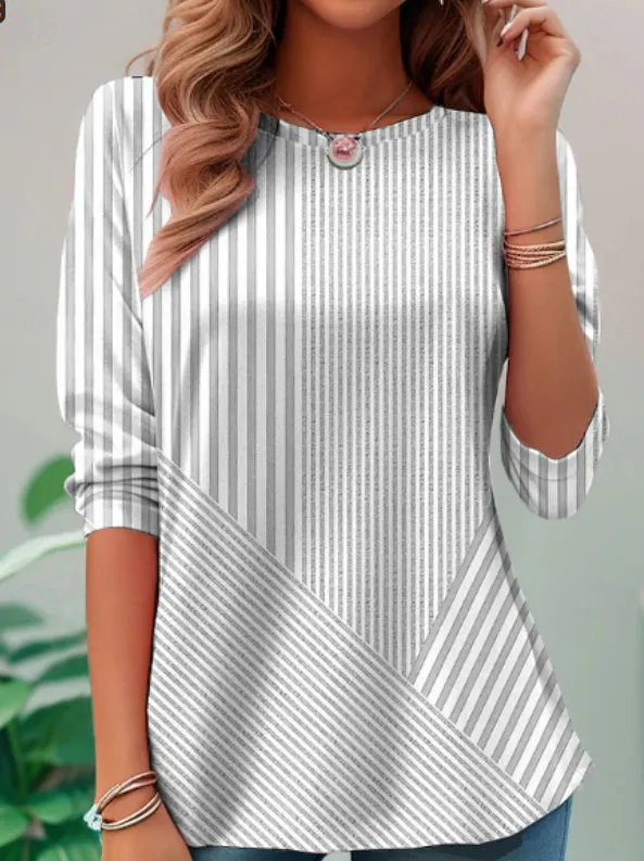 Cardigan V neck Shirt Asymmetric Striped Stitching Cotton And Linen Top Tx11Aer - Shop at LoveMi