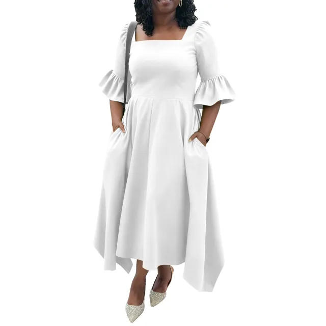 Elegant Lotus Sleeve Pocket Dress Black White - Shop at LoveMi