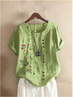 Retro Cotton And Linen Printed Loose Short-sleeved Shirt For Women - Green - View 1