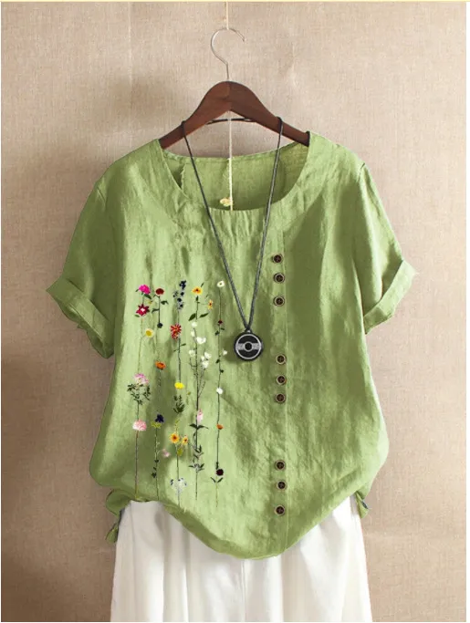 Retro Cotton And Linen Printed Loose Short sleeved Shirt For Women Green - Shop at LoveMi