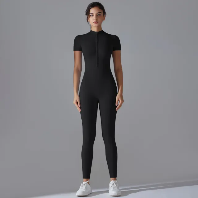 Women's Zipper Short Sleeve Yoga Bodysuit Black - Shop at LoveMi