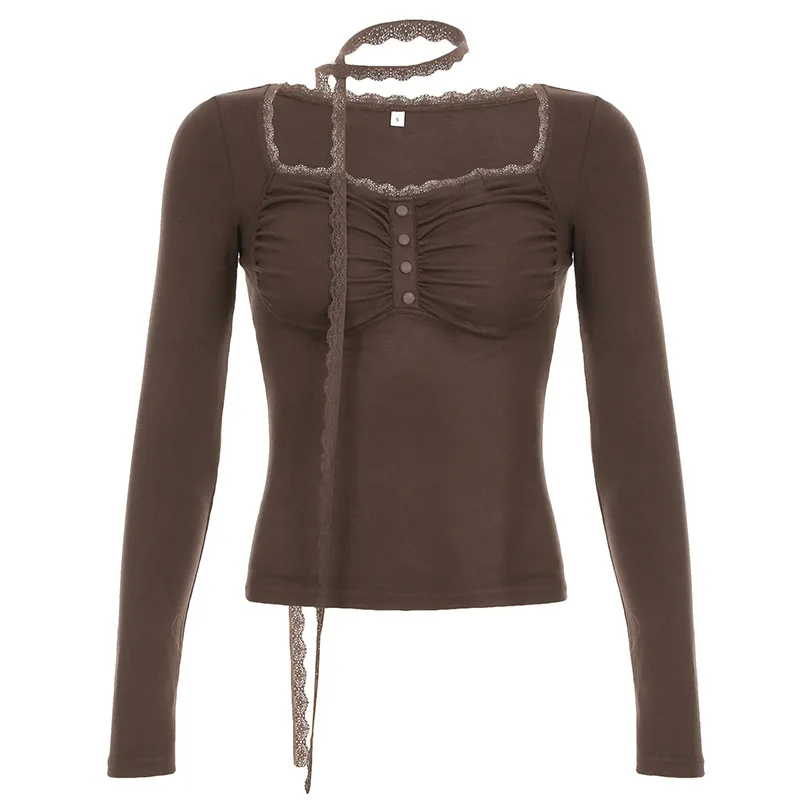 Niche Square Collar Lace Ribbon Long Sleeve - Brown