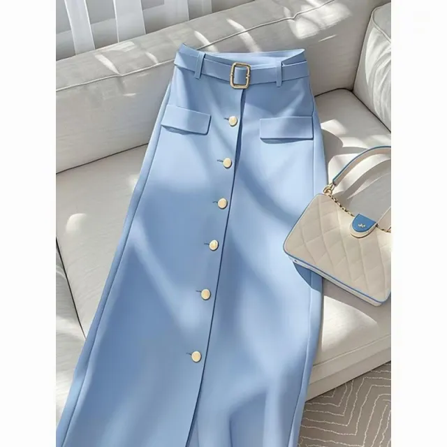 Women's Solid Color Draping Casual Elegant Blue Skirt Blue Skirt - Shop at LoveMi