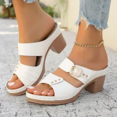 Open Toe Chunky Heel Embossed Outdoor Slippers - White - View 1