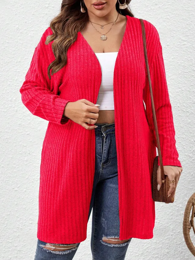 Sunken Stripe Brushed Plus Size Women's Mid length Solid Color And V neck Long sleeved Cardigan Red - Shop at LoveMi