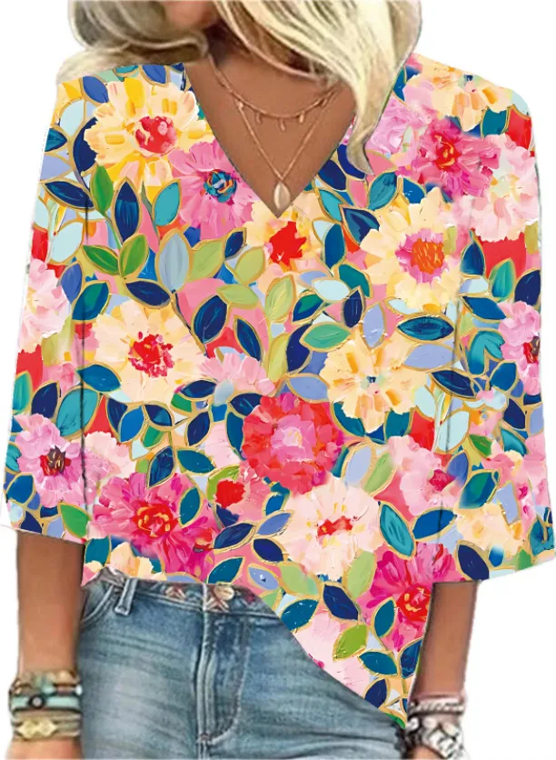 Women's European And American All matching Printed Casual V neck Shirt New Floral Print I - Shop at LoveMi