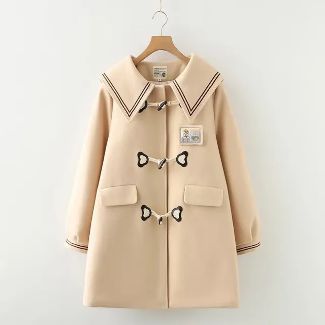 Labeling Chest Embroidered Bear Wooden Buckle Mid length Warm Coat Apricot - Shop at LoveMi