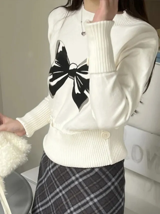 Women's American style Fitted Waist Bowknot Sweater Autumn And Winter Inner Wear White - Shop at LoveMi