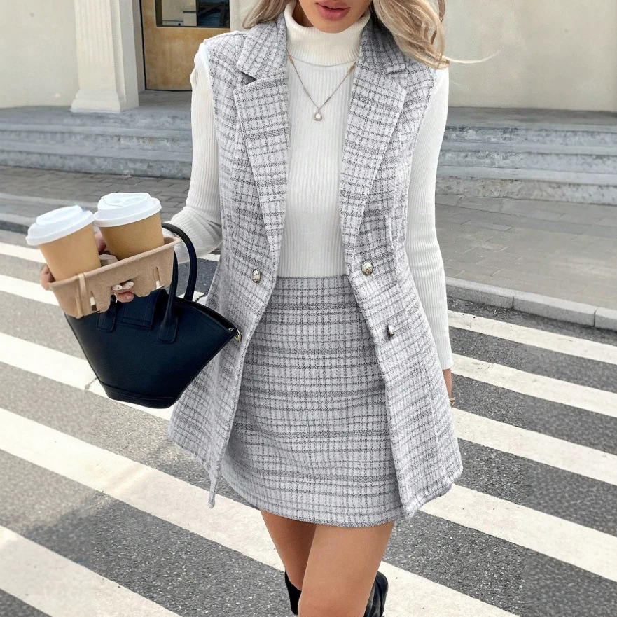 Sleeveless Double Breasted Vest Coat High Waist A- Line Skirt