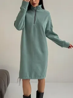 High-neck Half-zip Sweatshirt Dress Warm Fleece Skirt - Green - View 1