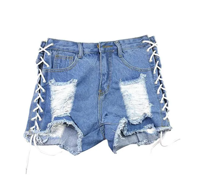Denim Hot Pants Shorts Women's Straight Broken Corns Lace up Light Blue - Shop at LoveMi