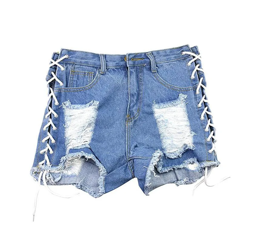 Denim Hot Pants Shorts Women's Straight Broken Corns Lace-up - Light Blue