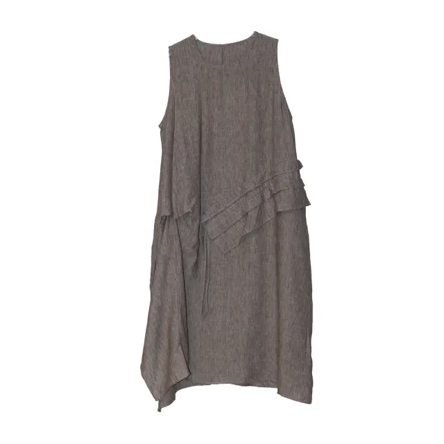 Women's Retro Crew Neck Patchwork Ruffled Drawstring Sleeveless Dress Coffee - Shop at LoveMi