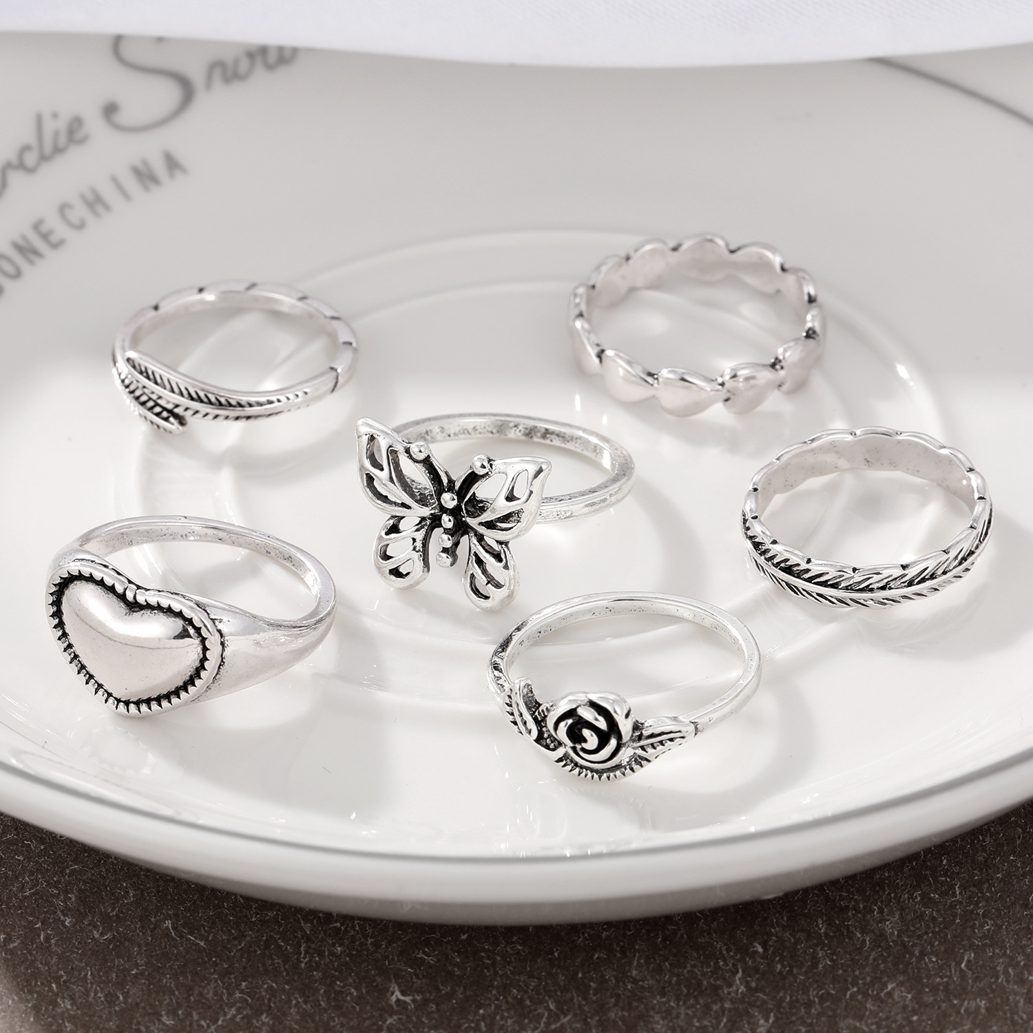 Retro Distressed Feather Rose Hollow Butterfly Love 6-piece Set Ring
