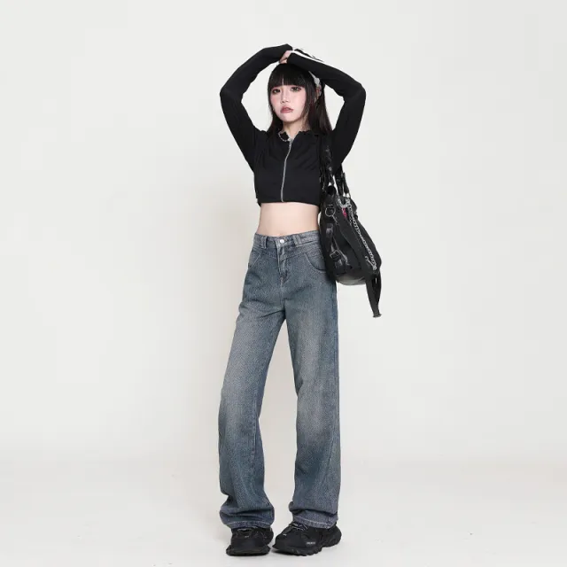 Nostalgic High Waist Wide Leg Jeans For Women Retro Blue Trousers - Shop at LoveMi