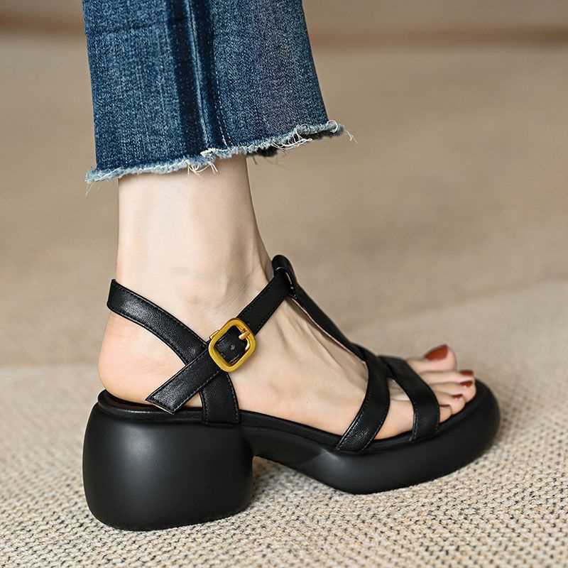 Sandales à talons épais et à semelles épaisses pour femmes en cuir véritable