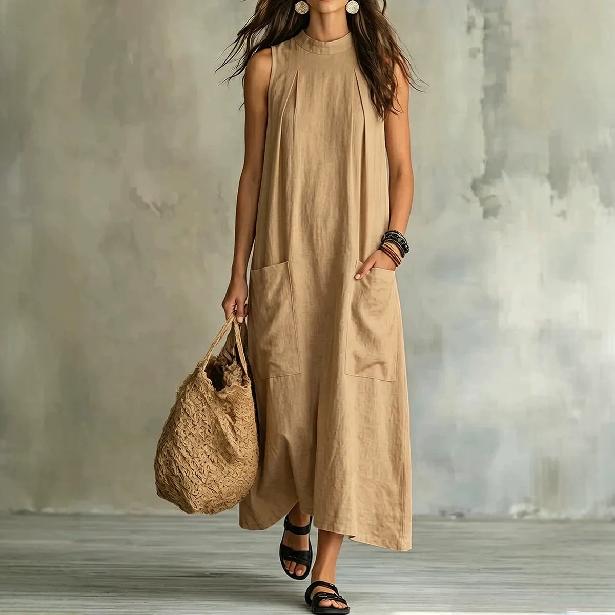 Womens Loose Cotton-Linen Sleeveless Pocket Dress