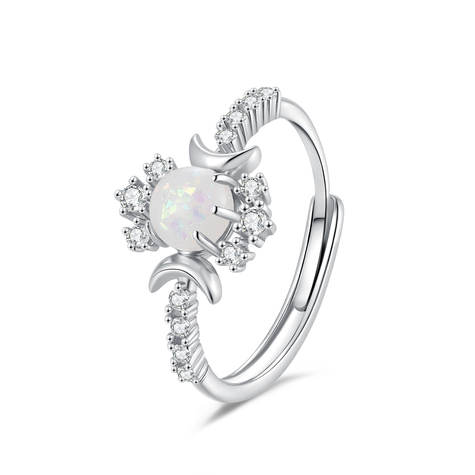 Platinum Round White Opal Glossy Double Moon Edge