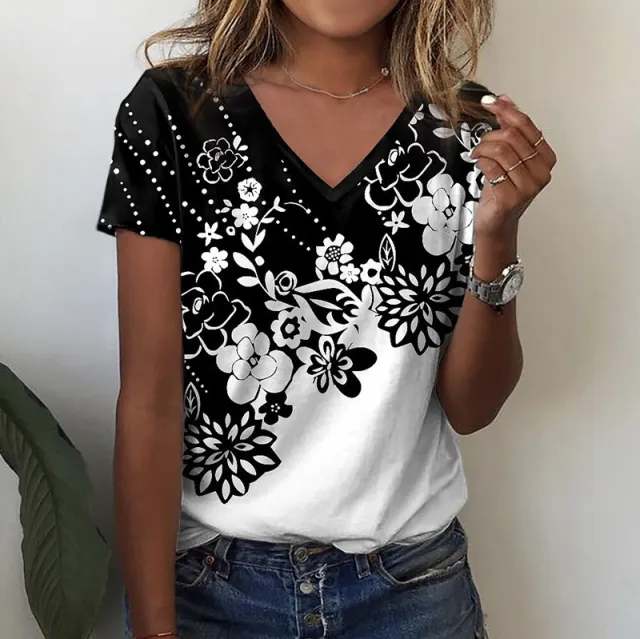Women's Flower Printed V neck Short sleeved Printed T shirt Black - Shop at LoveMi