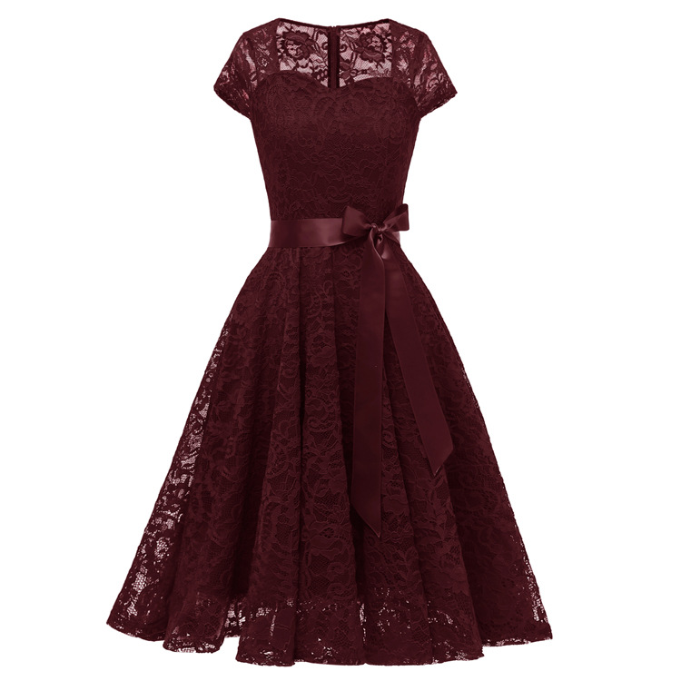 Large Swing Skirt Four Square Collar Belt Lace Dress