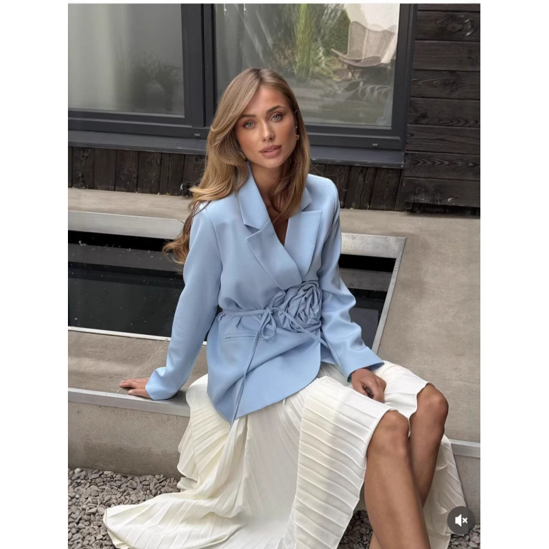 Womens Loose-Fit Lace-Up Blazer With 3D Floral Embellishments