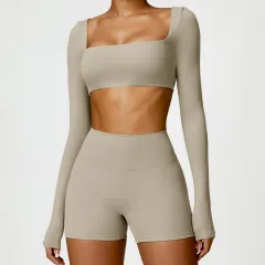 Women's Tight Long Sleeve Yoga Wear Running Workout T-shirt Top - Camel Brown - View 1