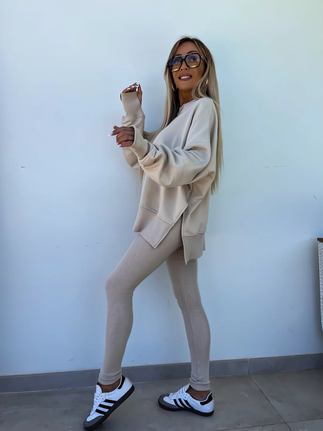 Casual Loose Sweater Suit with Tight Trousers. Product information: Color: apricot, red, khaki, pink, blue, purple, orange, green, black Sleeve type: regular sleeve Pants length: trousers Main fabric composition: Polyester (polyester fiber) Size: S,M,L,XL