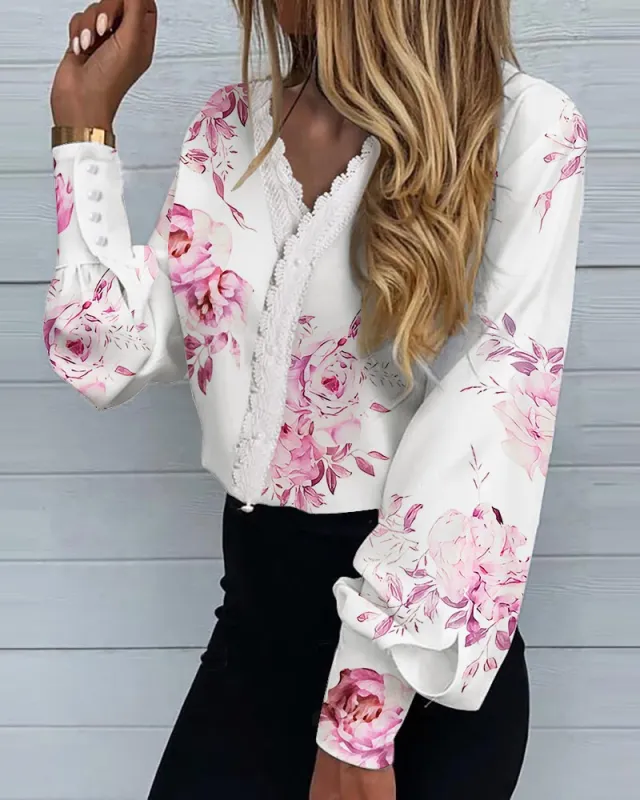 Women's Fashionable Printed Lace Casual Shirt Pink - Shop at LoveMi