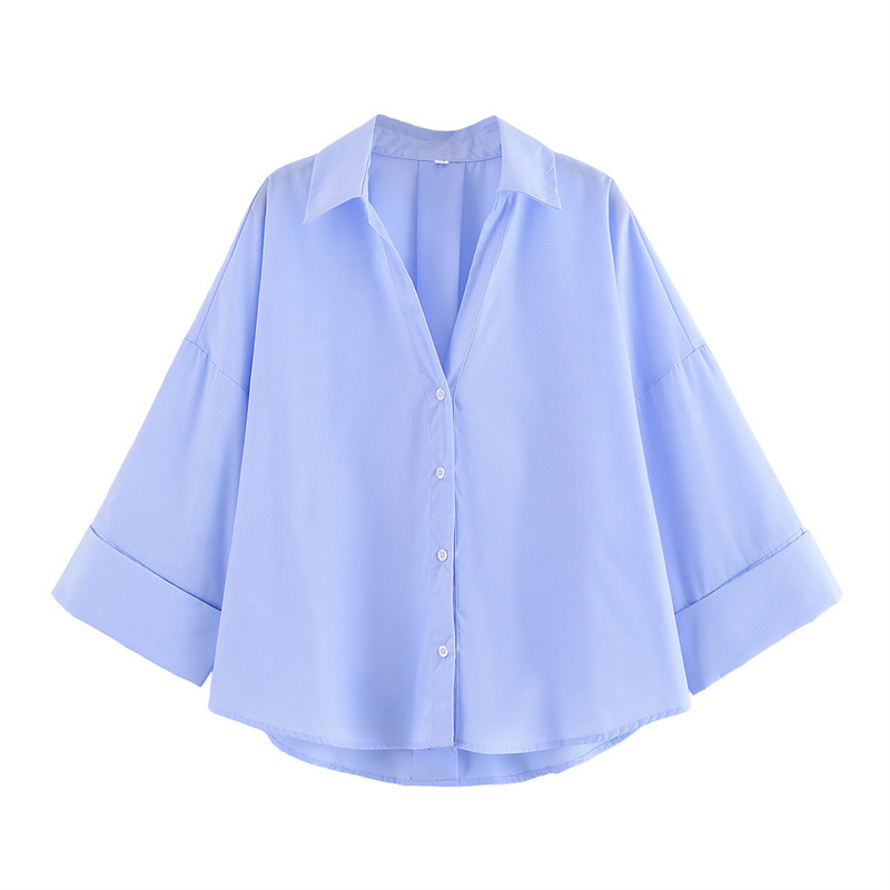 Solid Color Loose Wide Sleeve Poplin Shirt