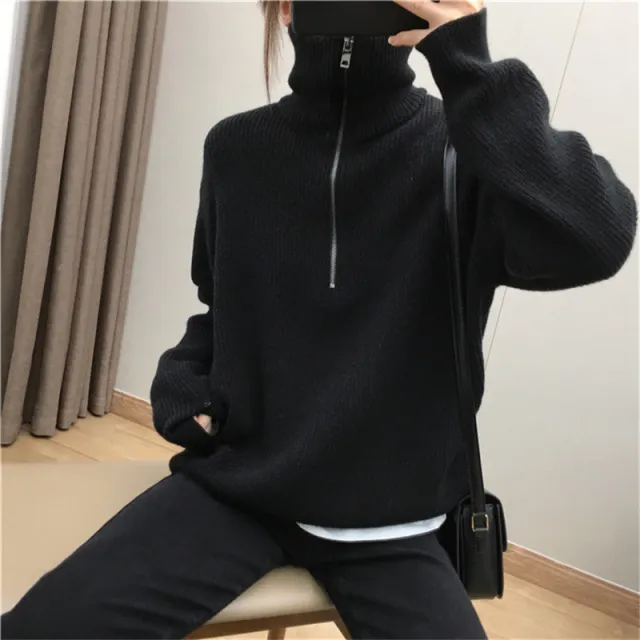 Korean Style Zipper Half open Collar Lazy Sweater Women Black - Shop at LoveMi