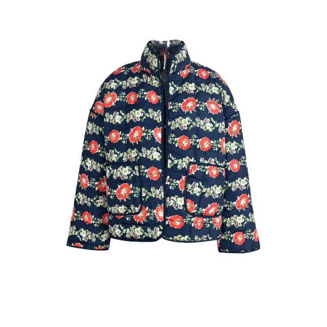 Quilted Cotton Printed Contrast Color Cotton Coat For Women Dark Blue Big Flower - Shop at LoveMi