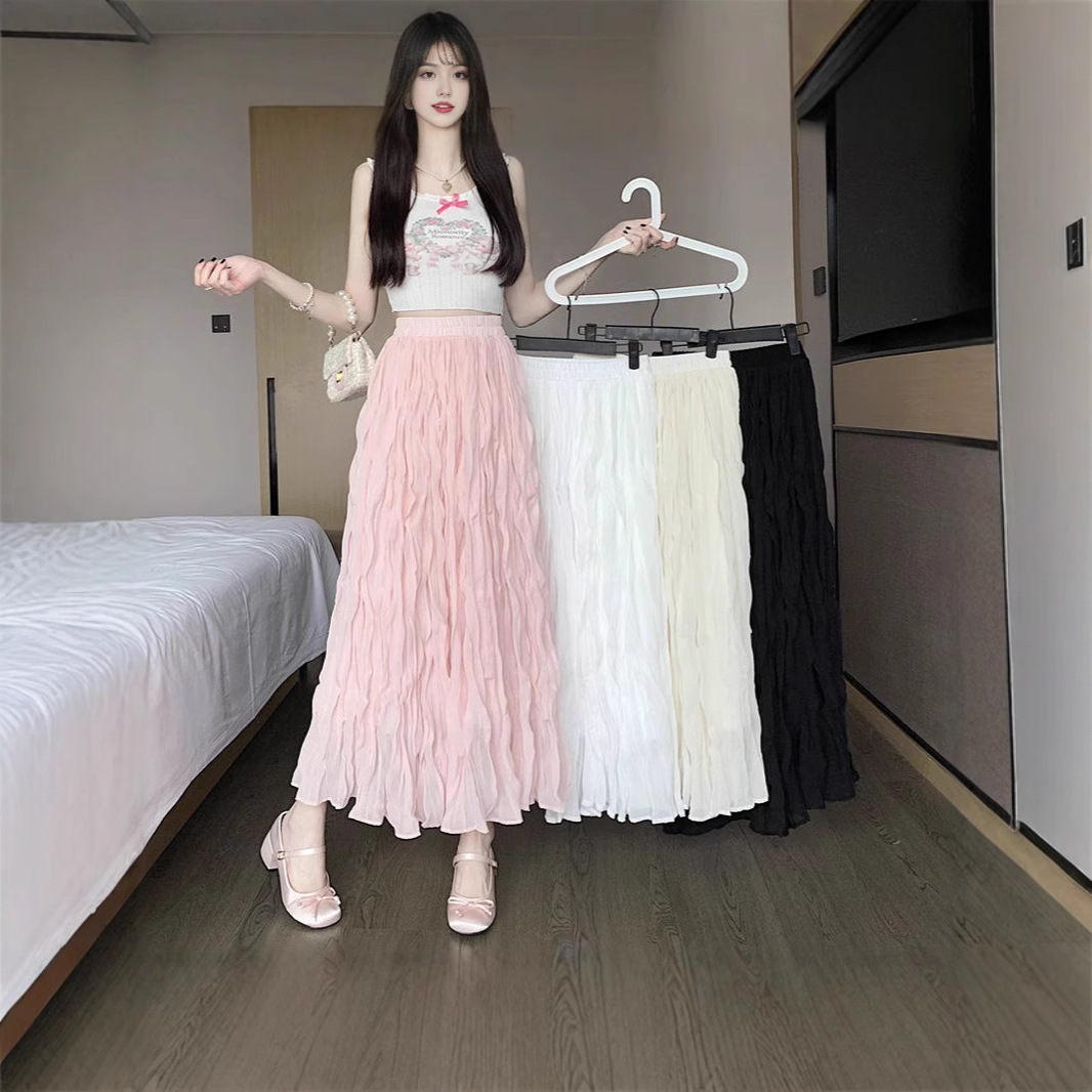 White Elastic-waist A-line Skirt
