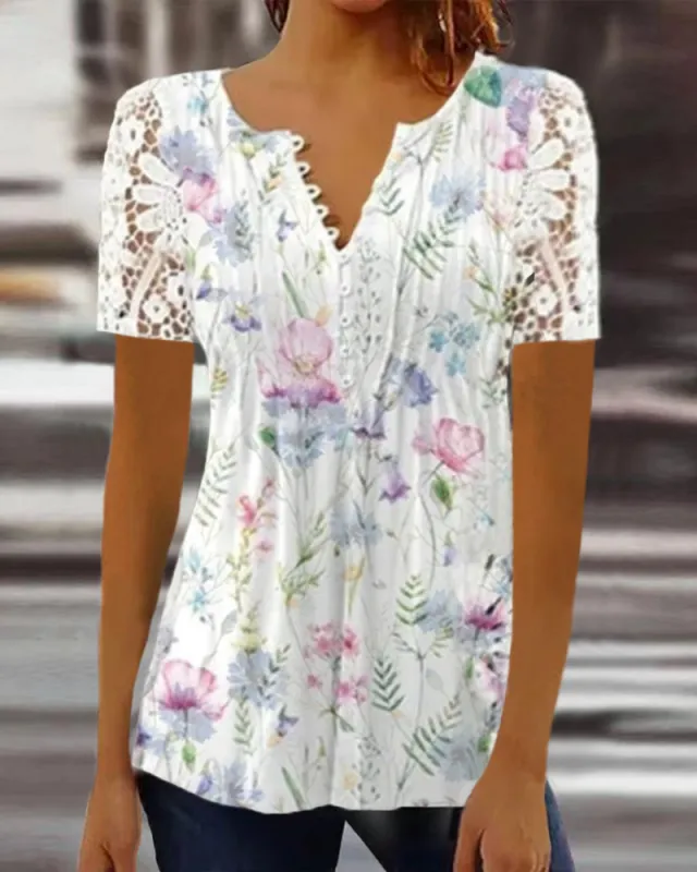 Women's Lace Lace Sleeve Pleated Solid Color Printing Button Short Sleeve Pink - Shop at LoveMi